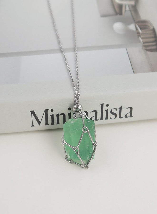 Anjiucc Handmade Crystal Holder Necklace - Stainless Steel Cage for Stone, Crystal Pendant Necklace,Quartz Gemstone Jewelry for Women Men. (A-Silvery-Green Fluorite) - Image 4